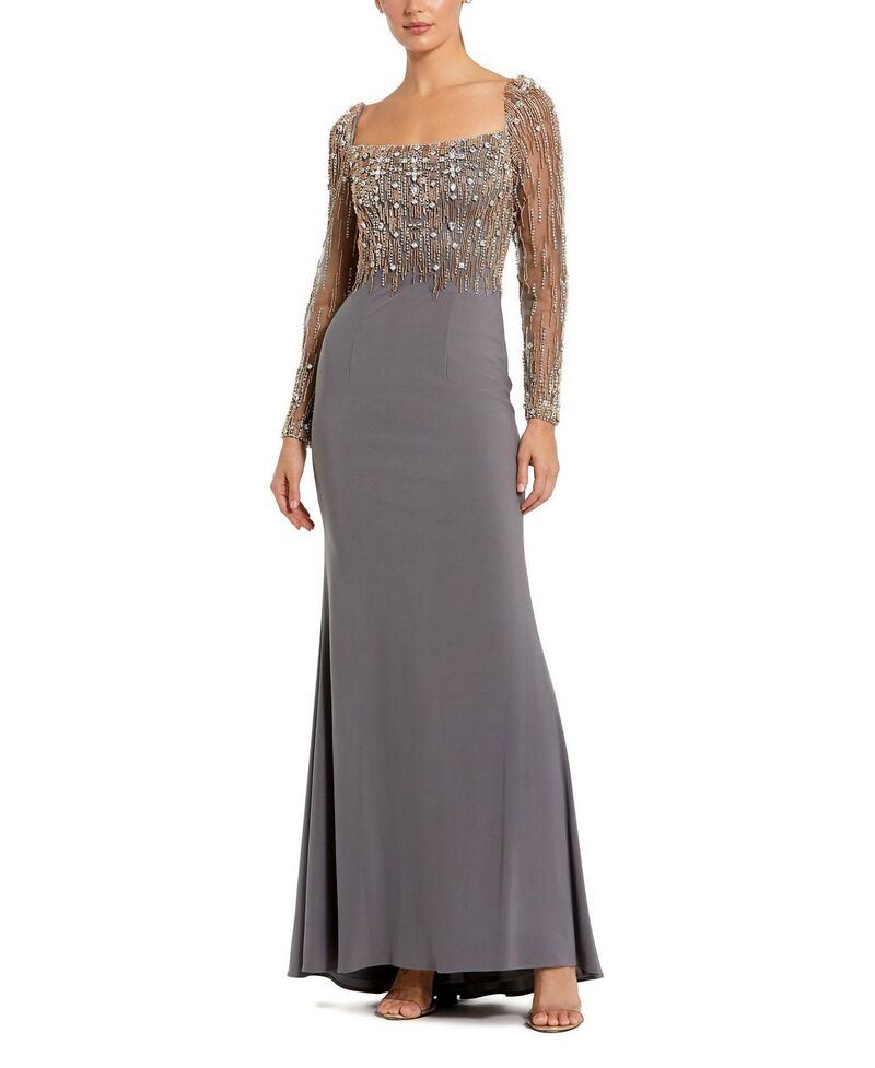 マックダガル レディース トップス 衣裳 ティーシャツ Mac Duggal Beaded Embellished Square Neck Long Sleeve Jersey Gown Platinum Gold ゴールド ワンピース-レディースファッション
