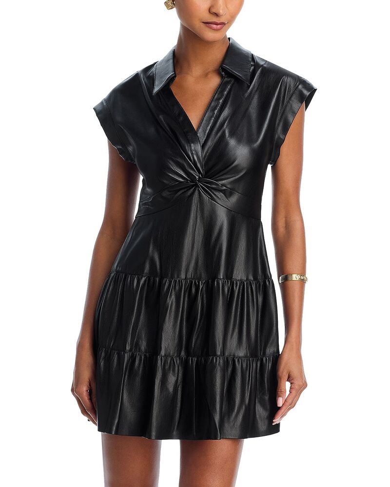 アリスアンドオリビア レディース トップス 衣装 旗がしら なめし革 フェイクレザー Alice and Olivia Mila Faux Leather Twist Front Cap Sleeve Dress Black 黒いこと