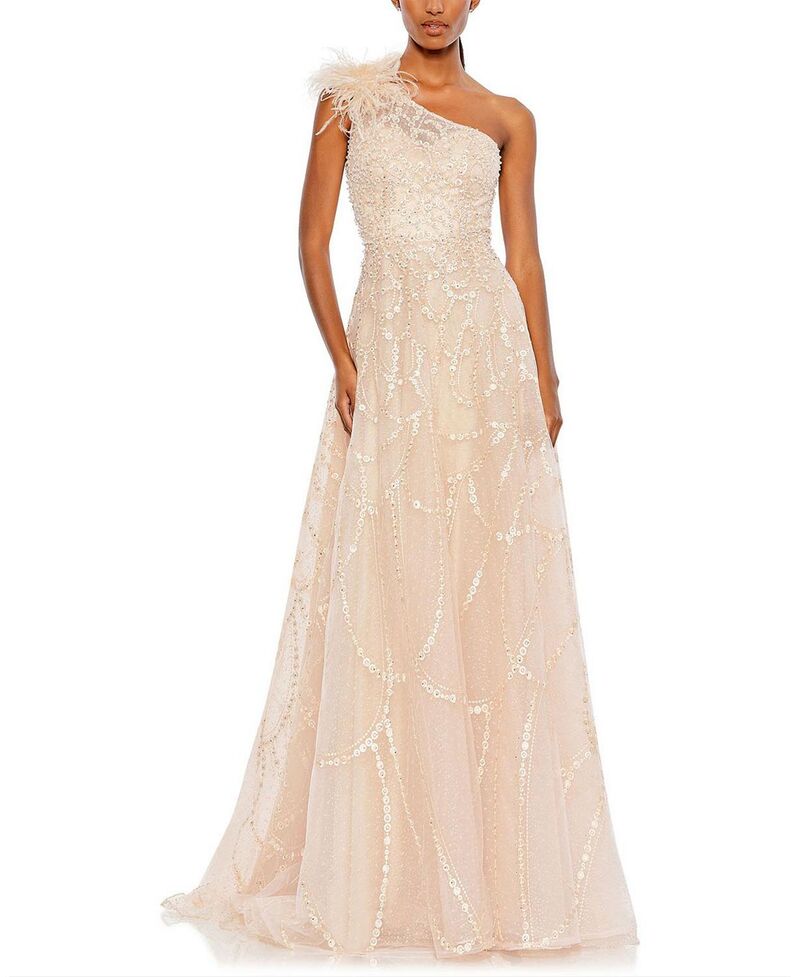 マックダガル レディース トップス ワンピース A ライン Mac Duggal Embellished One Shoulder A Line Gown Peach ピーチ|ReVida 店
