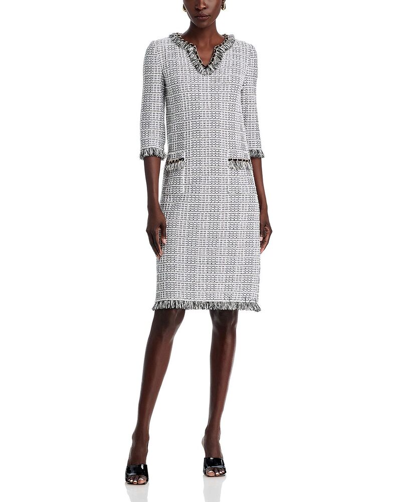 ミソック レディース トップス ワンピース フリンジ Misook Fringe Trim Shift Dress White/Black ホワイト