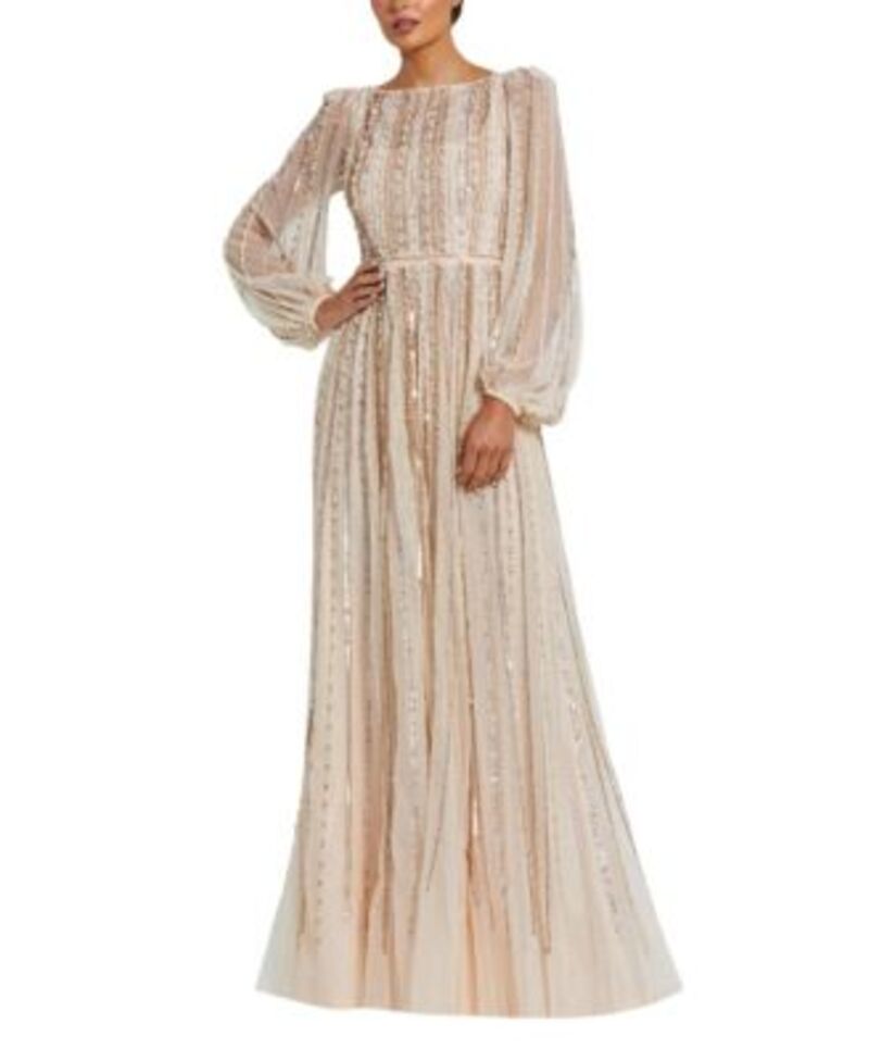 マックダガル レディース トップス 衣裳 Mac Duggal Boat Neck Long Sleeve Gown with Striped Beading Mint ペパーミント ワンピース-レディースファッション
