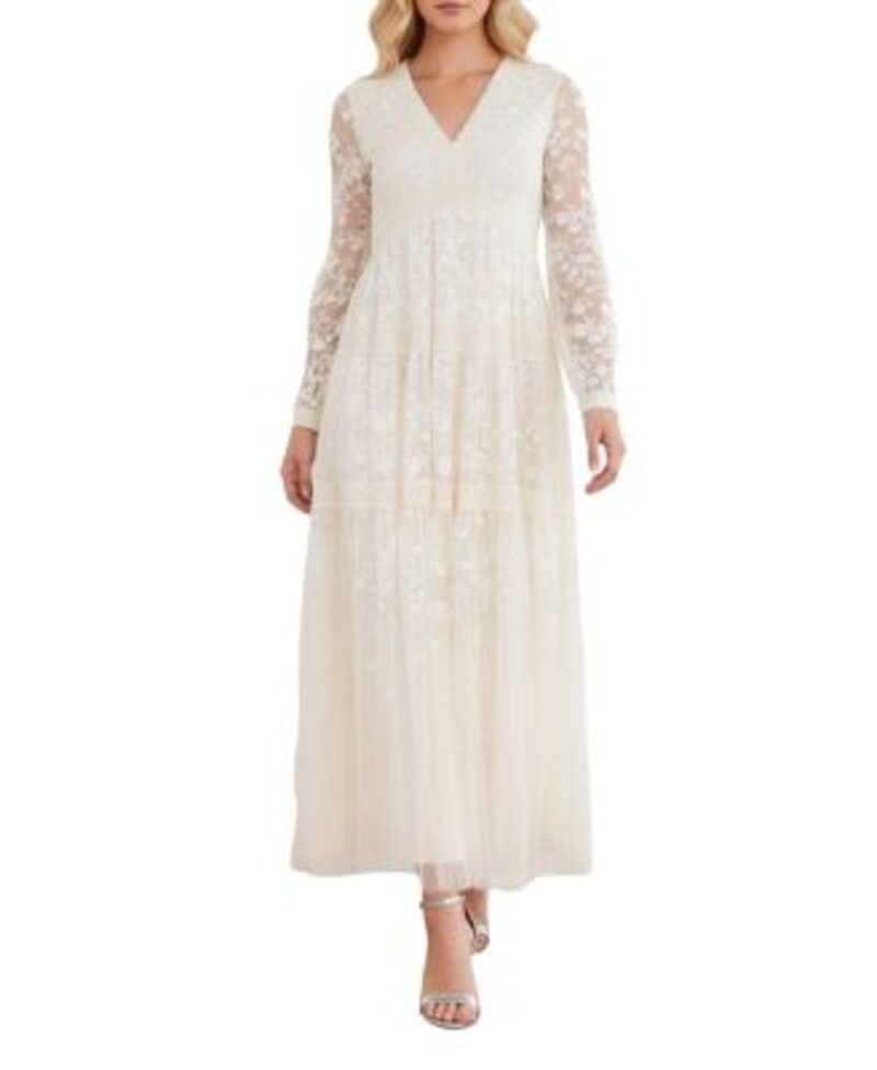 ニードルアンドスレッド レディース トップス ワンピース Vネック Needle & Thread Celestia Ribbon Long Sleeve V-Neck Gown Graphite グラファイト｜ReVida 店