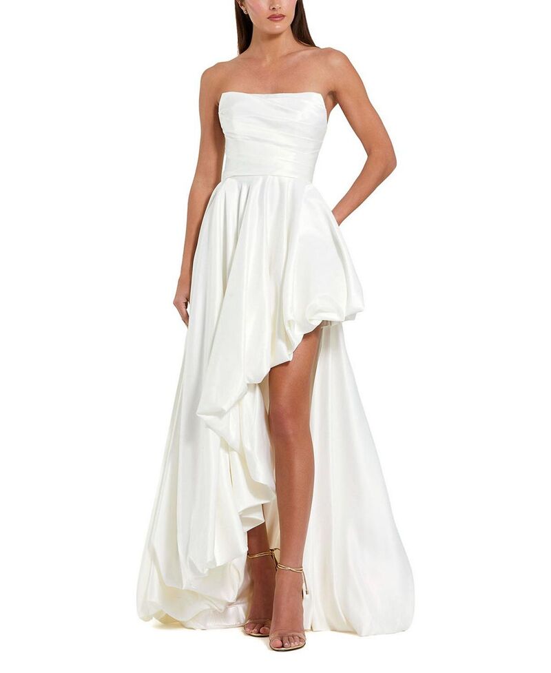 マックダガル レディース トップス ワンピース ドレープチ サテン ストラップレスカート Mac Duggal Petite Strapless High-Low Satin Gown with Draped Skirt White ホワイト