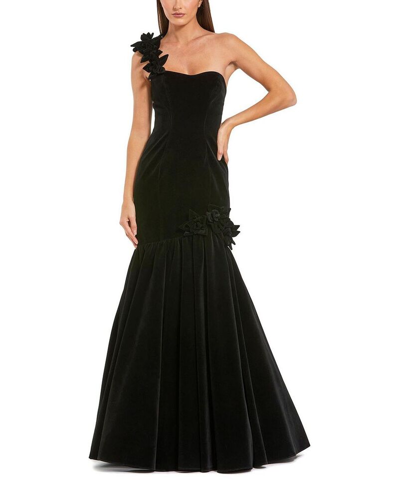 マックダガル レディース トップス ワンピース ベルベット Mac Duggal Velvet One Shoulder Trumpet Gown With Flowers Black ブラック｜ReVida 店