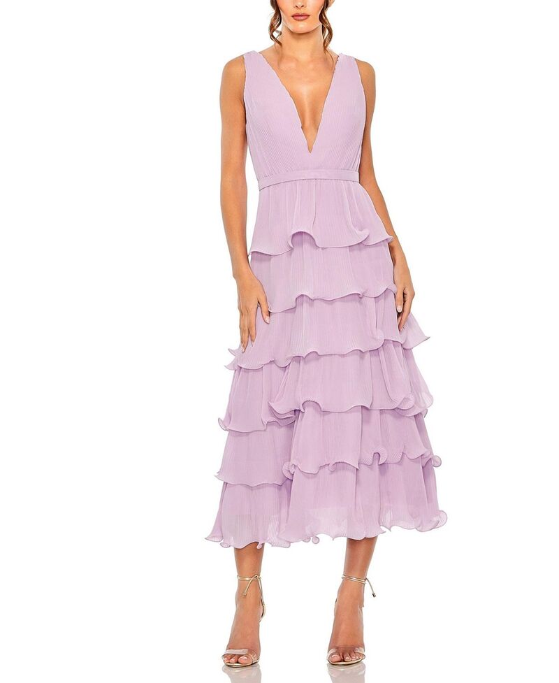 マックダガル レディース トップス ワンピース シフォン フリル ミディ ノースリーブ Mac Duggal Deep V Chiffon Sleeveless Ruffle Midi Dress Orchid｜ReVida 店