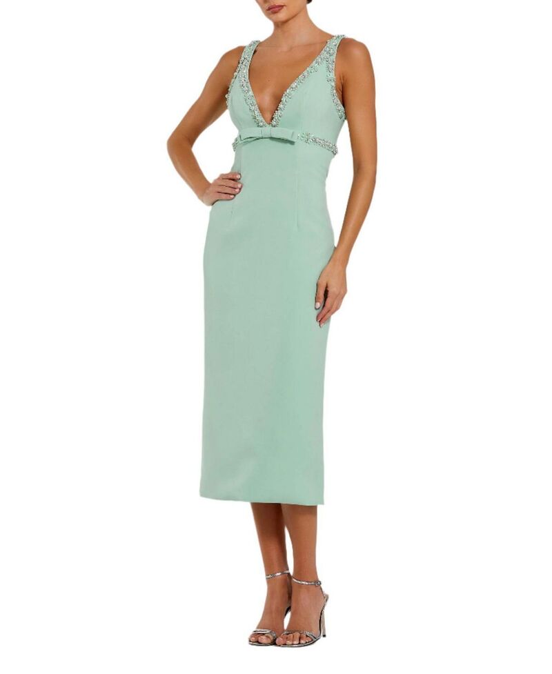 マックダガル レディース トップス ワンピース クレープ ミディ Mac Duggal Crepe Fitted Midi Dress with Bow And Beaded Trim Sage セージ