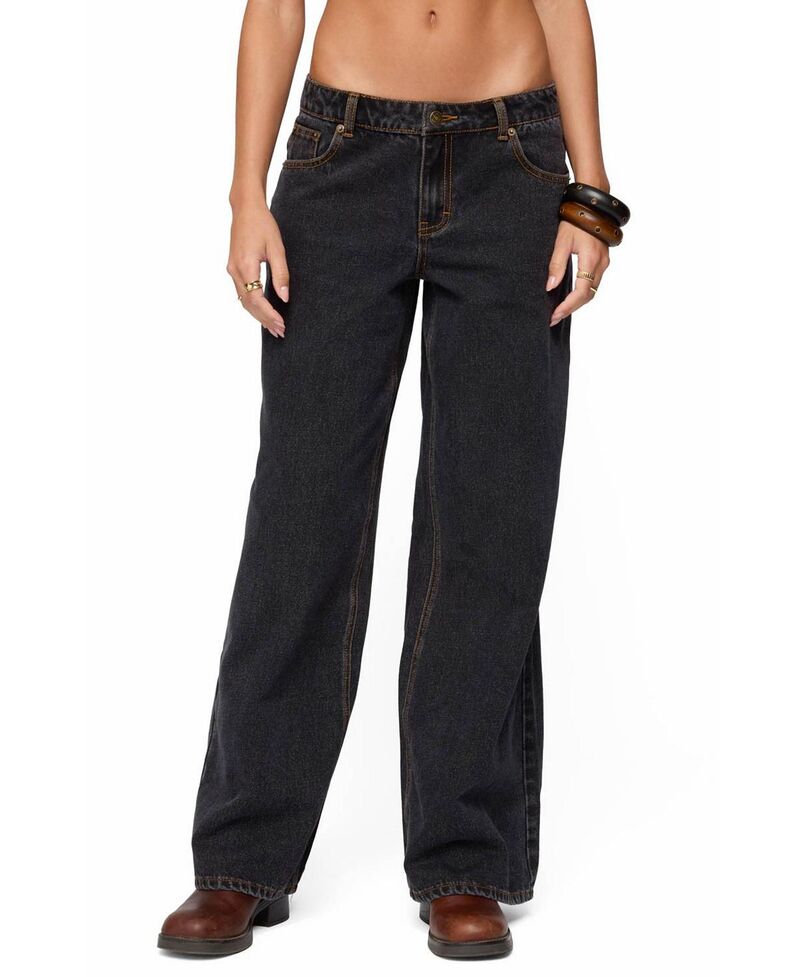 アディクテッド レディース ボトムス デニムパンツ ローライズ コントラスト ジーンズ Edikted Contrastitch Low Rise Baggy Jeans Black-Washed ブラック