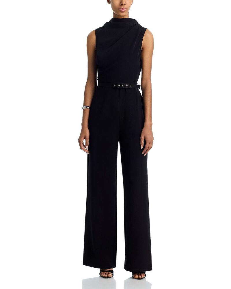 アクア レディース トップス 飛び降りる背広 縮緬 AQUA Cowl Neck Crepe Jumpsuit - Exclusive Black 黒いこと