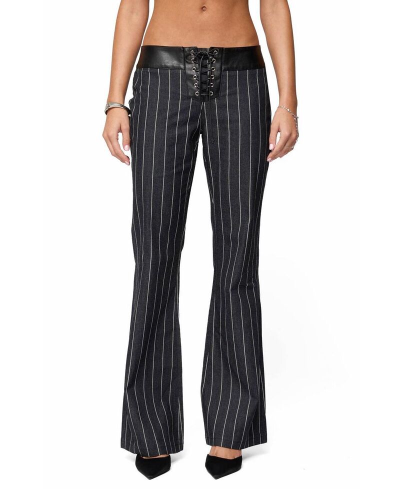 アディクテッド レディース ボトムス デニムパンツ ローライズ ジーンズ Edikted Pinstripe Low Rise Flared Jeans Dark-Blue ブルー