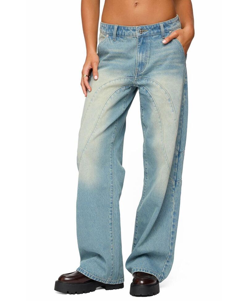 アディクテッド レディース ボトムス デニムパンツ ローライズ ジーンズ Edikted Kiria Stitched Low Rise Baggy Jeans Blue-Washed ブルー