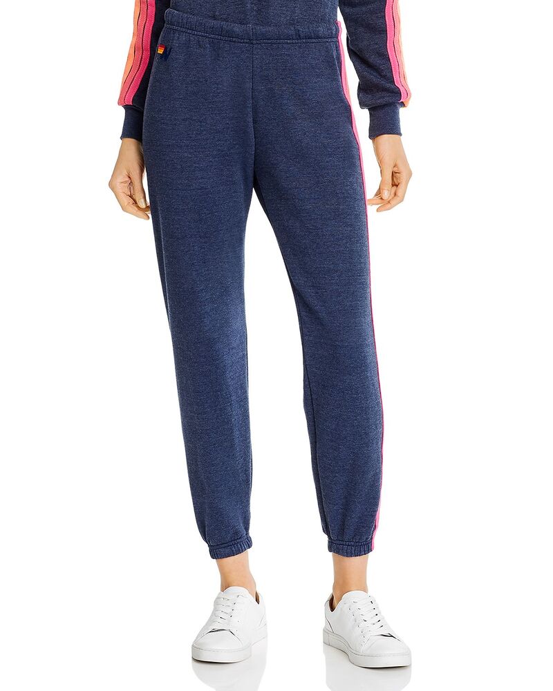 アヴィエイターネイション レディース ボトムス カジュアルパンツ スウェットパンツ Aviator Nation Rainbow-Stripe Sweatpants in Heather Navy/Neon Stripe Heather Navy/Neon Stripe ヘザー｜ReVida 店