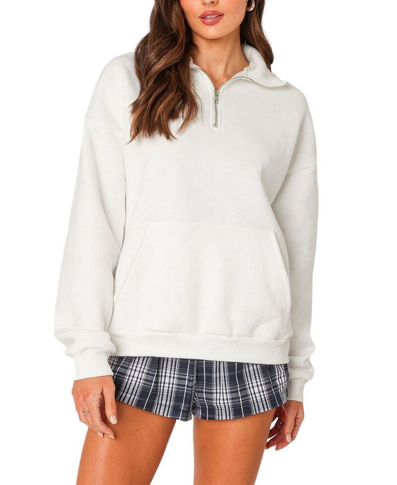 アディクテッド レディース アウター パーカー・スウェット ハーフジップ シャツ Edikted Oversized Quarter Zip Sweatshirt White ホワイト｜ReVida 店