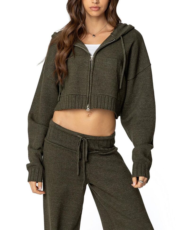 アディクテッド レディース アウター カーディガン ニット Edikted Russell Knit Hooded Cardigan Olive オリーブ｜ReVida 店