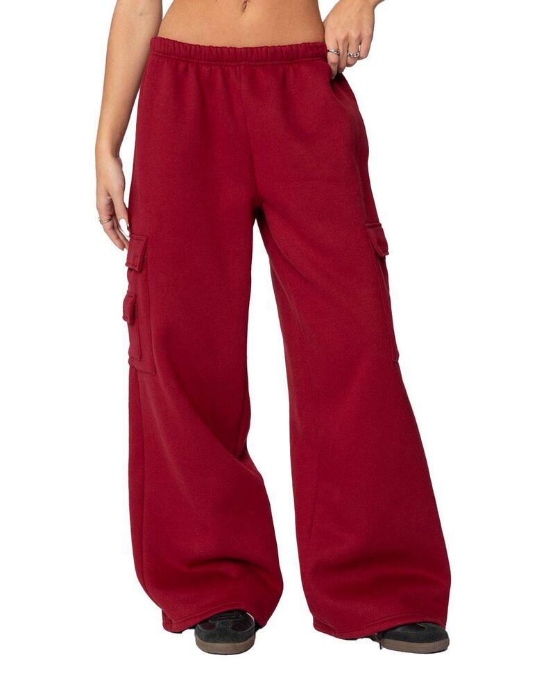 アディクテッド レディース ボトムス カジュアルパンツ ワイドレッグ スウェットパンツ Edikted Wide Leg Cargo Sweatpants Burgundy バーガンディ|ReVida 店