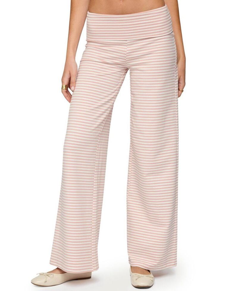 アディクテッド レディース ボトムス カジュアルパンツ Edikted Lilah Striped Fold Over Pants Pink-And-White ホワイト