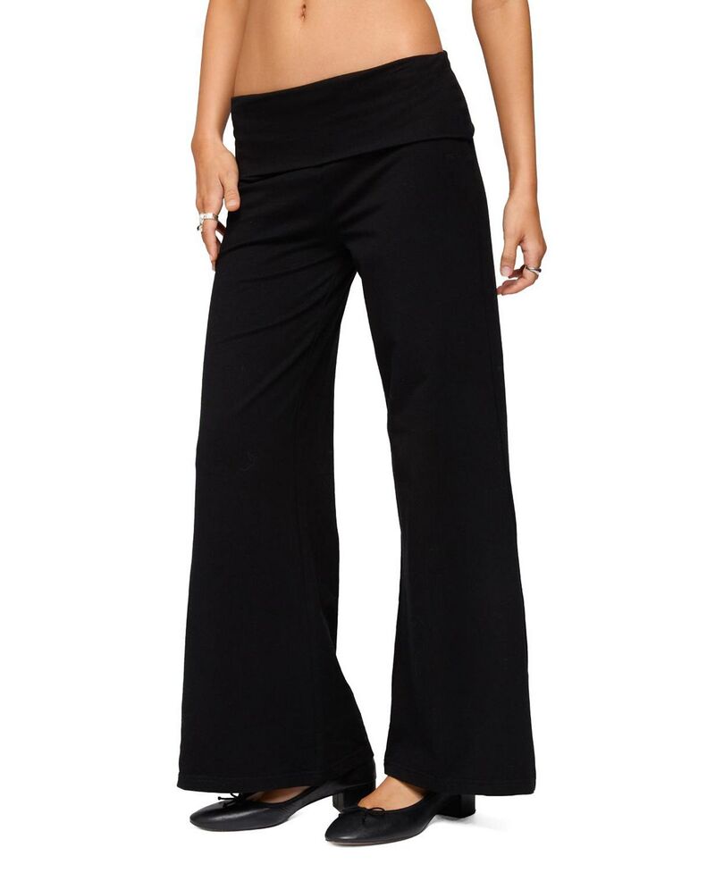 アディクテッド レディース ボトムス 心地好いズボン下 ワイドレッグ プチ Edikted Petite Wide Leg Fold Over Pants Black 黒いこと