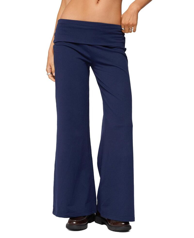 アディクテッド レディース ボトムス 心地好いズボン下 ワイドレッグ プチ Edikted Petite Wide Leg Fold Over Pants Navy 米国海軍