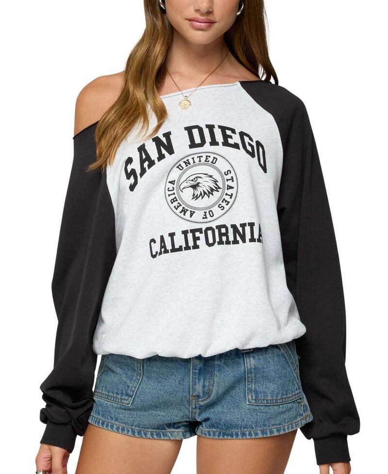 アディクテッド レディース アウター パーカー・スウェット シャツ Edikted San Diegoff Shoulderaglan Sweatshirt Gray-Melange-And-Black ブラック|ReVida 店