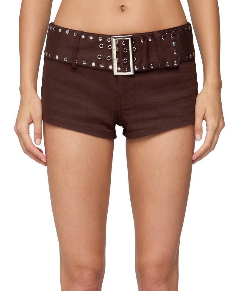 アディクテッド レディース ボトムス ハーフパンツ・ショーツ ショートパンツ デニム Edikted Studded Belt Denimicro Shorts Dark-Brown ブラウン