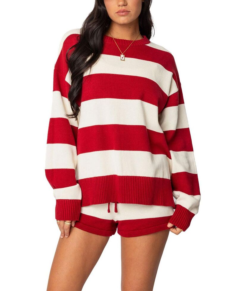 アディクテッド レディース アウター ニット・セーター Edikted Riley Oversized Knit Sweater Burgundy And Cream クリーム｜ReVida 店