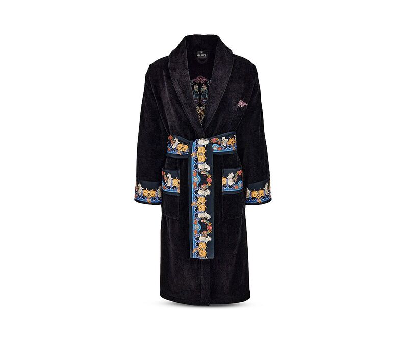 ヴェルサーチ レディース アンダー御召しもの ナイト爵御召しもの パイル Versace Coral Theatre Terry Bath Robe Black+Multicolor 黒いこと
