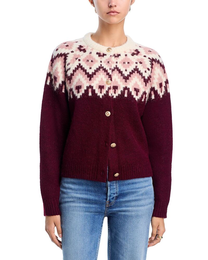 アクア レディース アウター カーディガン クルーネック AQUA Fair Isle Crewneck Cardigan - Exclusive Burgundy バーガンディ