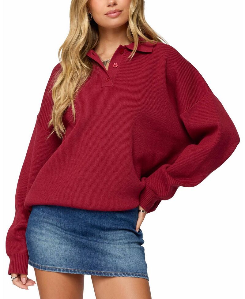 アディクテッド レディース アウター ニット・セーター ポロシャツ Edikted Lorie Oversized Knit Polo Sweatered レッド