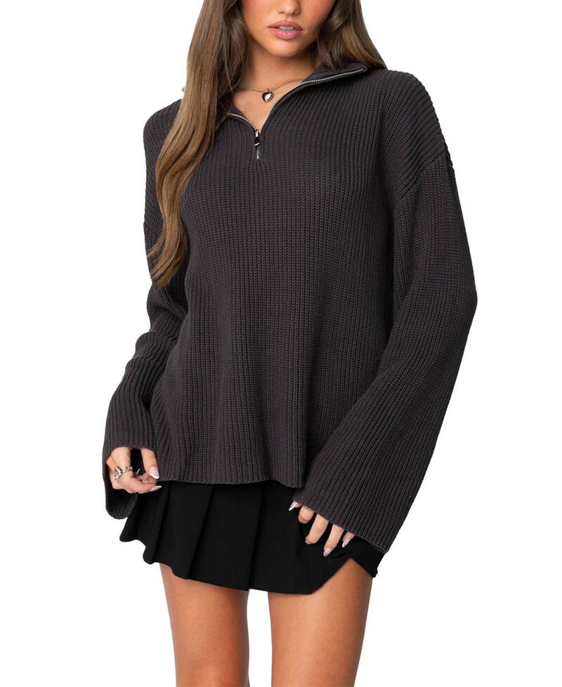 アディクテッド レディース アウター ニット・セーター ハイネック Edikted Amour High Neck Oversized Zip Sweater Dark Gray グレー｜ReVida 店