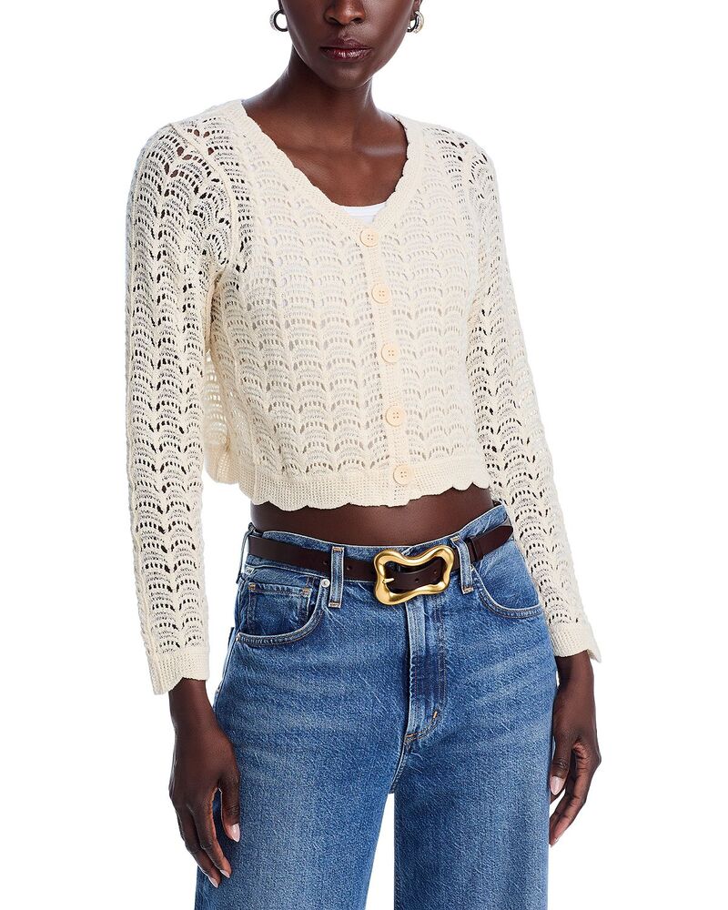 アクア レディース アウター カーディガン Vネック セーター AQUA Crochet V Neck Cardigan Sweater - Exclusive Natural