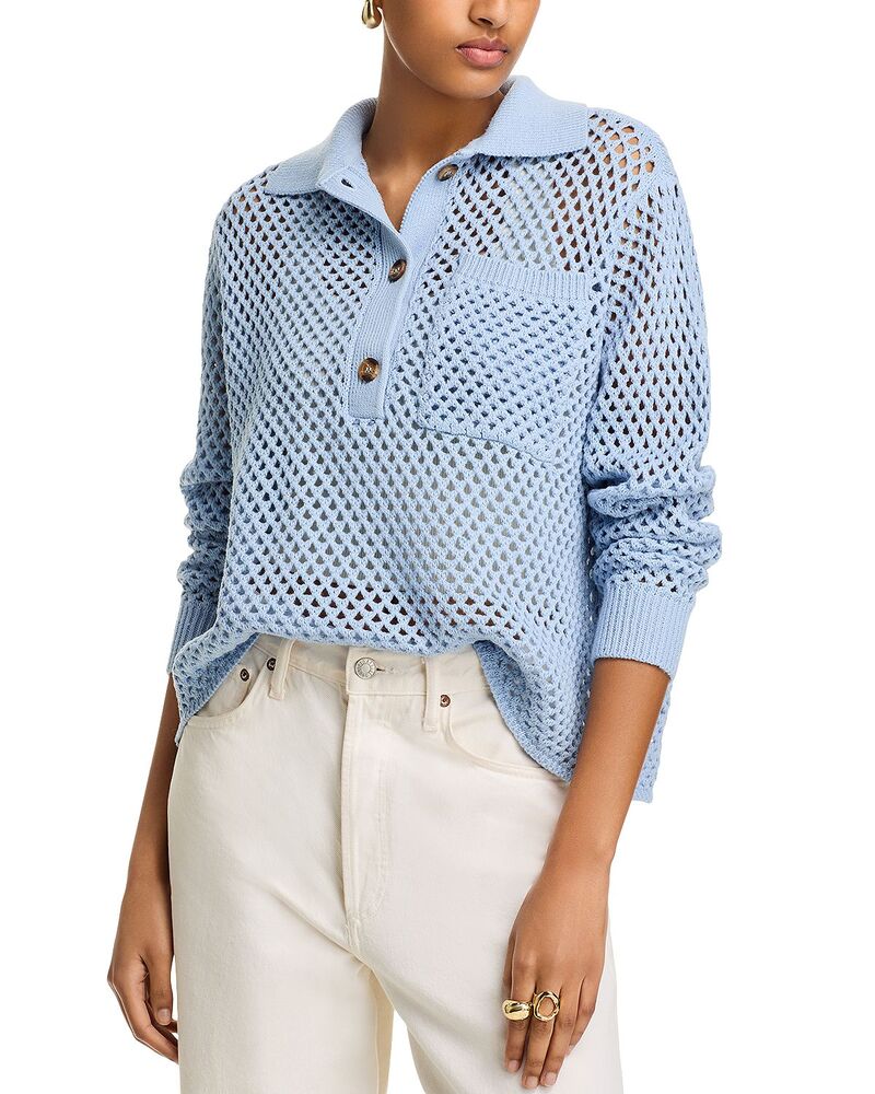 アクア レディース アウター 編み物・プルオーバー スポーツシャツ AQUA Open Stitch Crochet Polo Sweater - Exclusive Sky ニット・セーター-レディースファッション-トップス