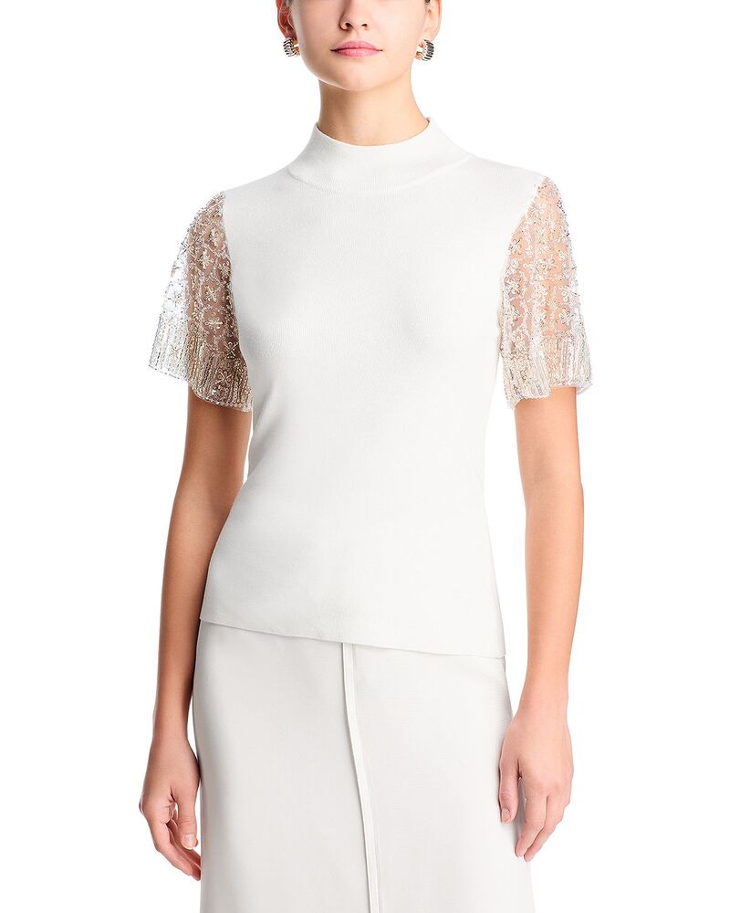 ティー・タハリ レディース アウター ニット・セーター モックネック スパンコール Tahari Sequin & Beaded Flutter Sleeve Mock Neck Sweater White Star ホワイト