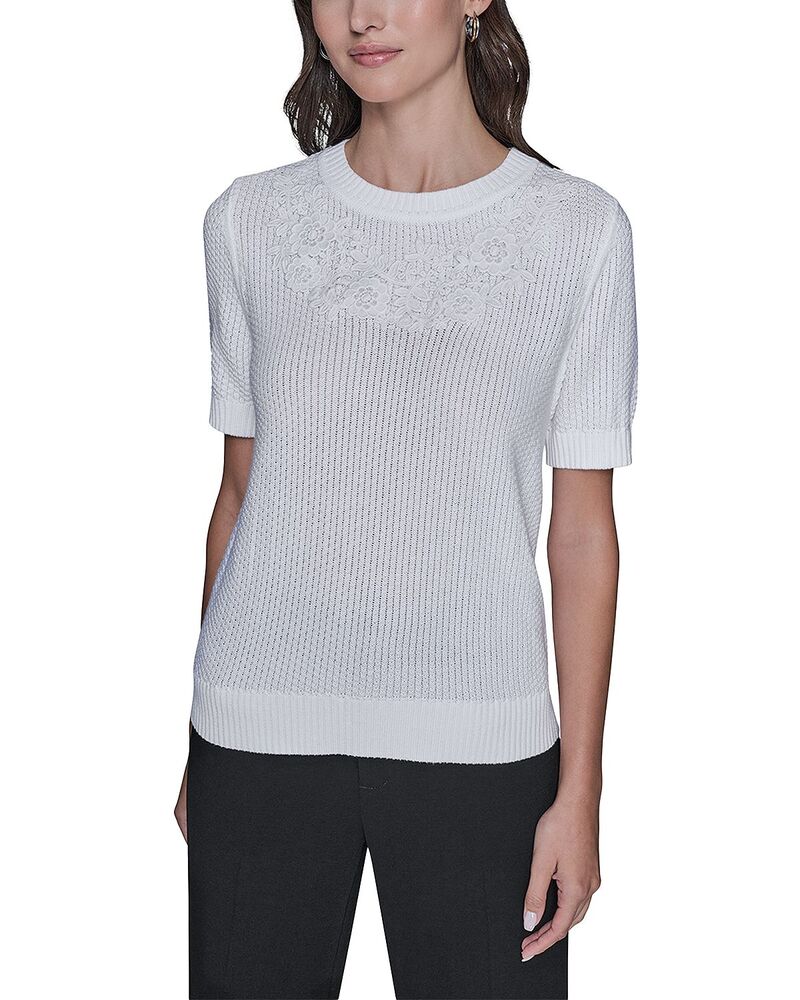 カール ラガーフェルド レディース アウター ニット・セーター フラワー柄 フラワー KARLAGERFELD PARIS Floral Trimmed Sweater Soft White ホワイト|ReVida 店