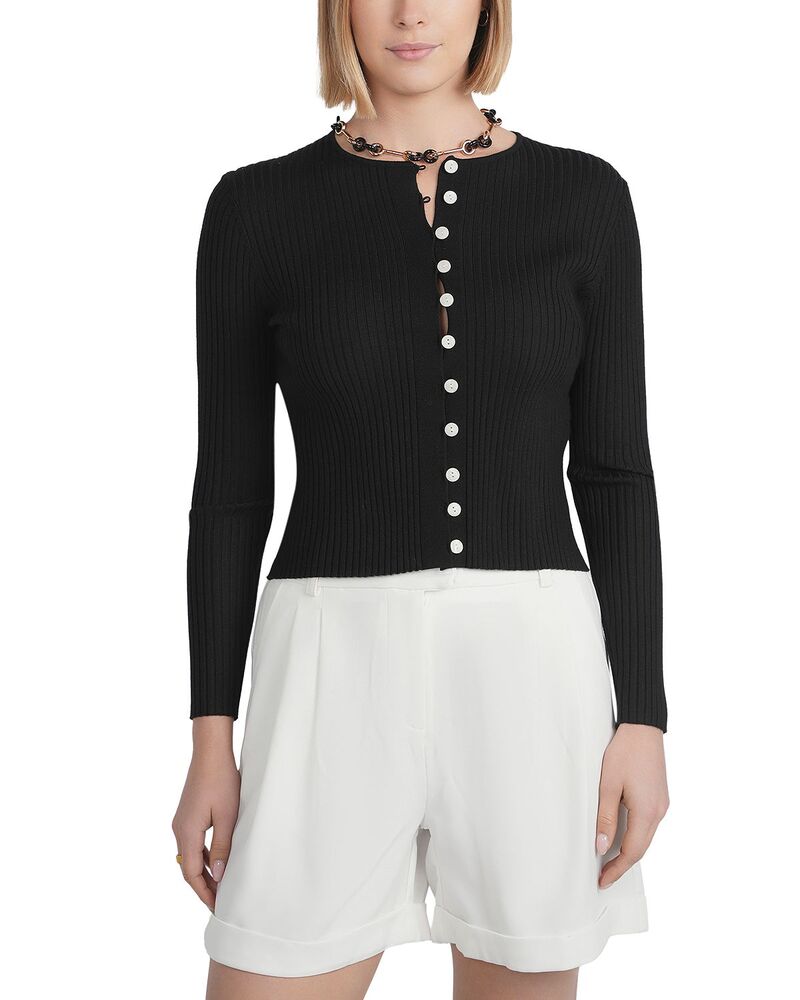 ポイント レディース アウター カーディガン リブ セーター ニット Point Ribbed Knit Cardigan Sweater Black ブラック