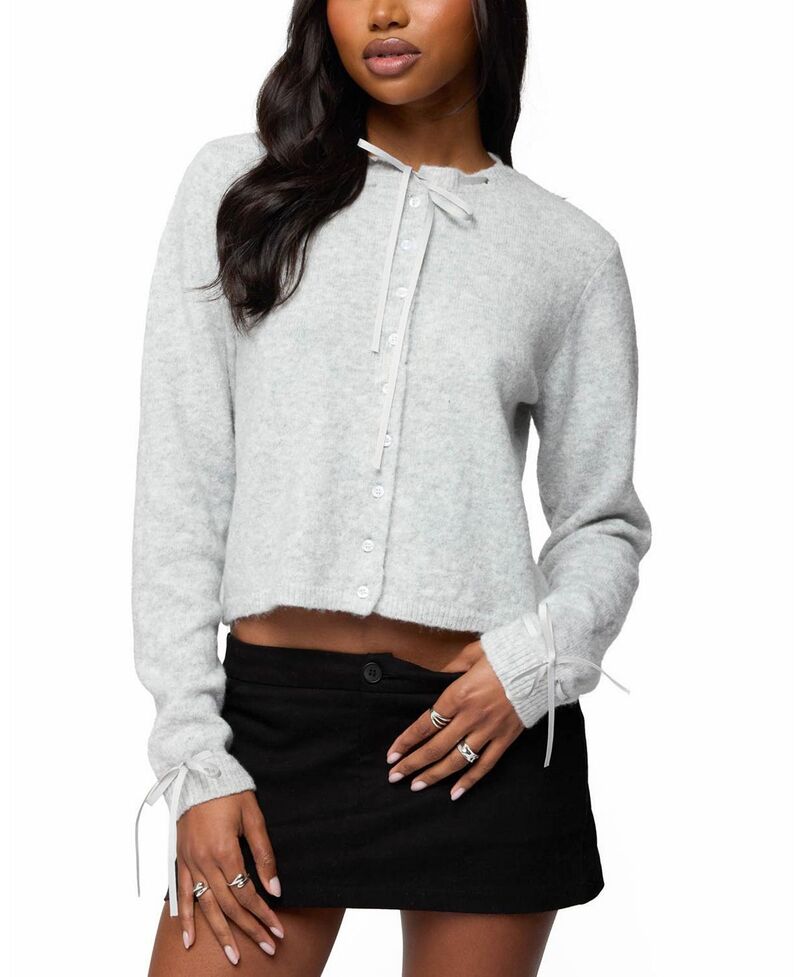 アディクテッド レディース アウター カーディガン ニット Edikted Vickie Ribbon Knit Cardigan Gray-Melange グレー