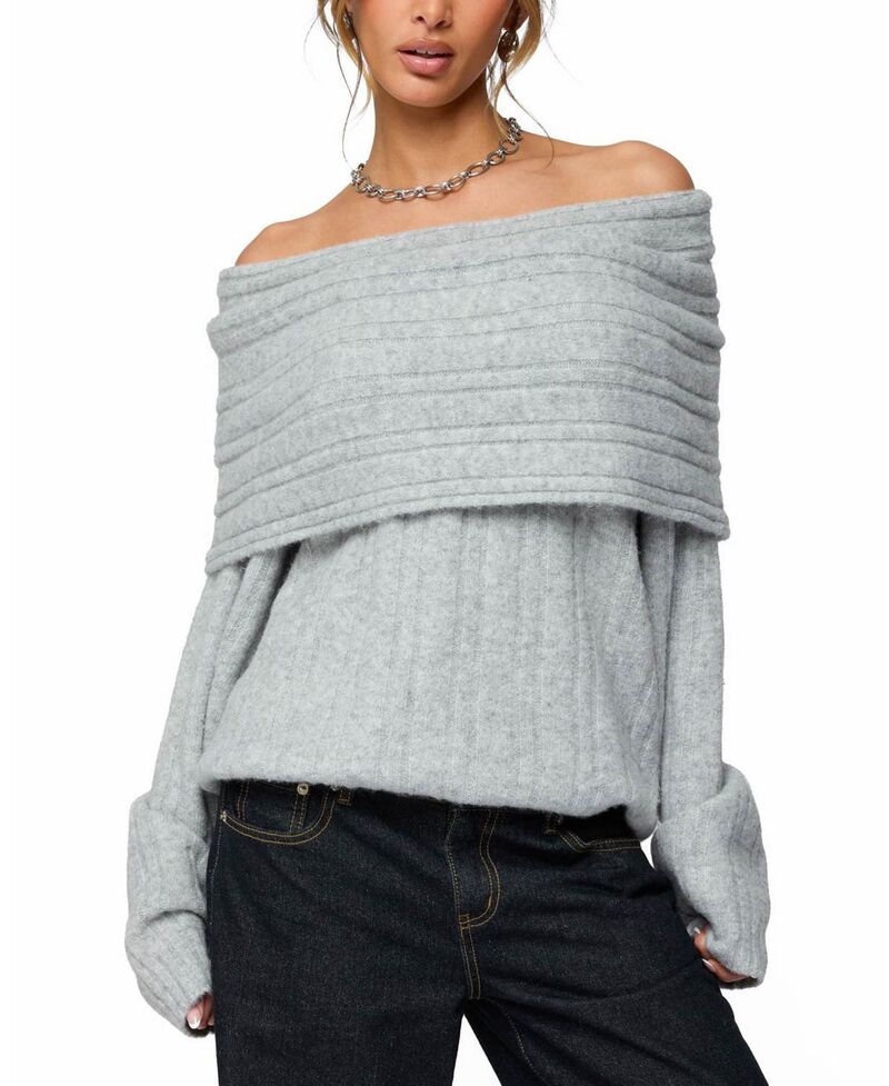 アディクテッド レディース アウター ニット・セーター Edikted Kadenna Oversized Off Shoulder Sweater Light-Gray-Melange グレー