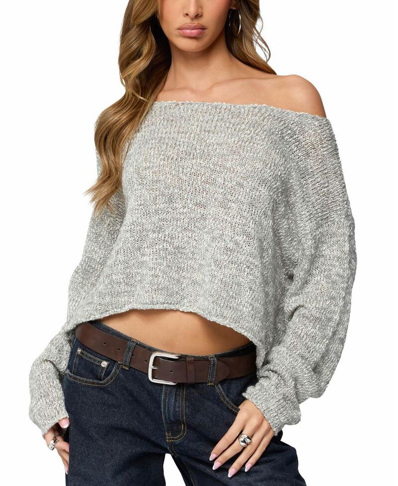 アディクテッド レディース アウター ニット・セーター Edikted Florentina Off Shoulder Sweater Gray グレー｜ReVida 店