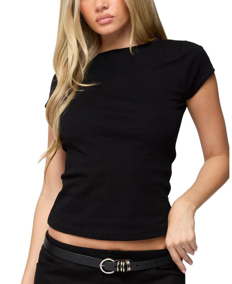 アディクテッド レディース トップス シャツ リブ Edikted Oliana Ribbed Boat Neck T-Shirt Black ブラック