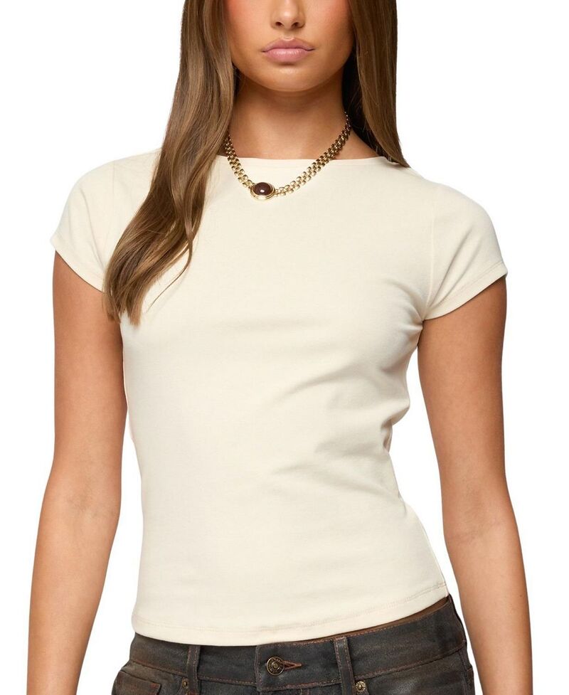 アディクテッド レディース トップス シャツ リブ Edikted Oliana Ribbed Boat Neck T-Shirt Cream クリーム|ReVida 店