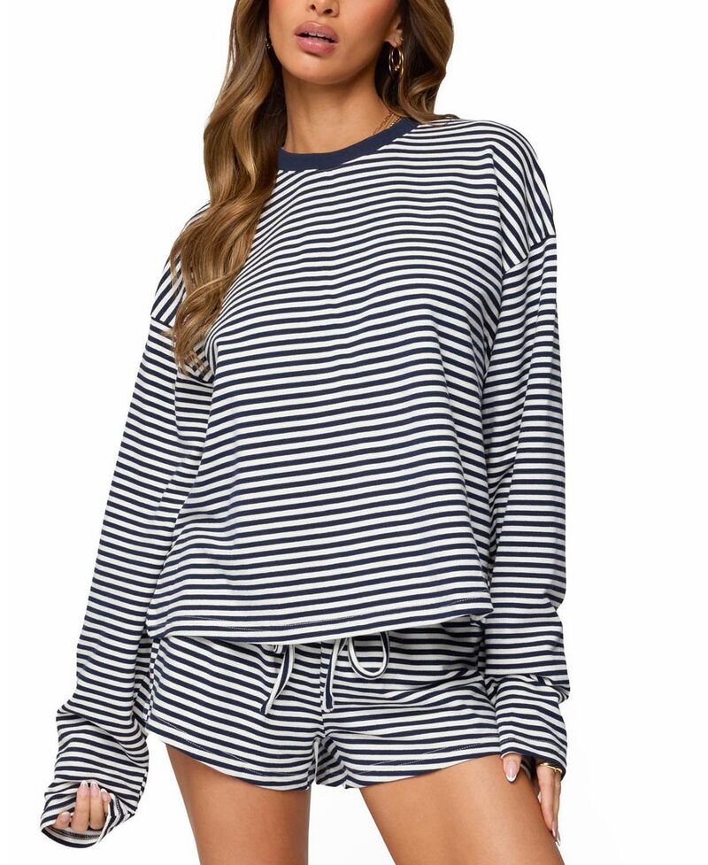 アディクテッド レディース トップス シャツ Edikted Jainee Striped Long Sleeve T Shirt Navy ネイビー|ReVida 店