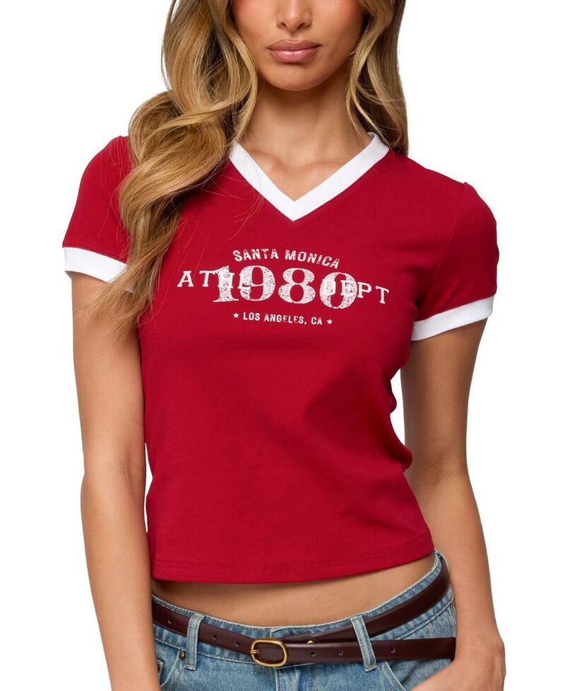 アディクテッド レディース トップス シャツ Vネック Edikted Santa Monica V Neck T Shirt Red レッド