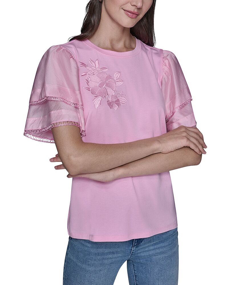 カール ラガーフェルド レディース トップス シャツ フラワー柄 ニット フラワー KARLAGERFELD PARIS Floral Knit Flutter Sleeve Toprism Pink ピンク