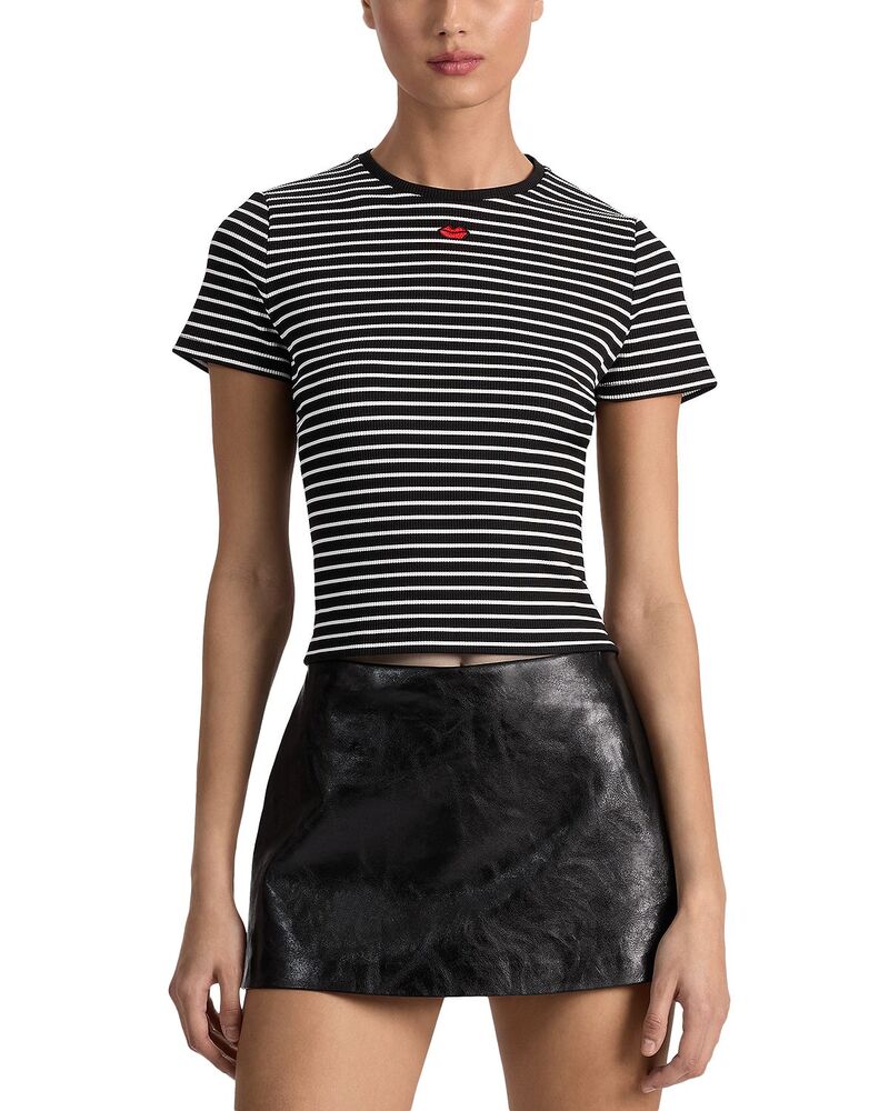 アリスアンドオリビア レディース トップス Tシャツ 刺繍 クロップド Alice and Olivia Cindy Embroidered Cropped Tee Black Stripe ブラック|ReVida 店