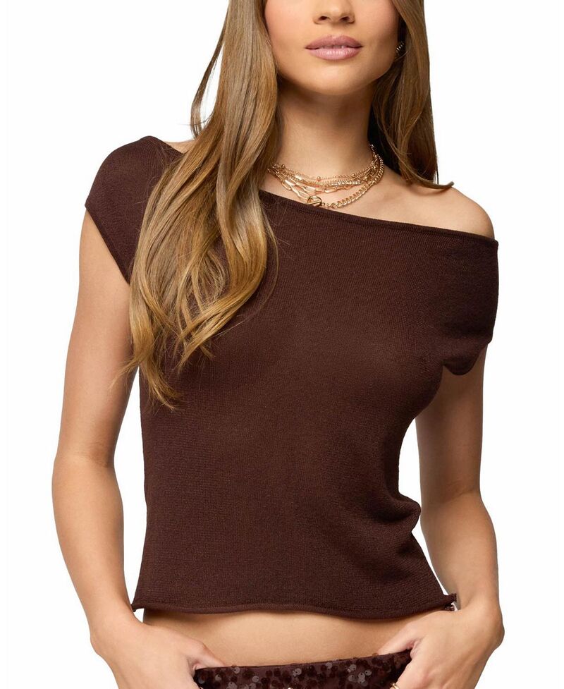 アディクテッド レディース トップス シャツ Edikted Holly Glitter Off Shoulder Top Dark-Brown ブラウン