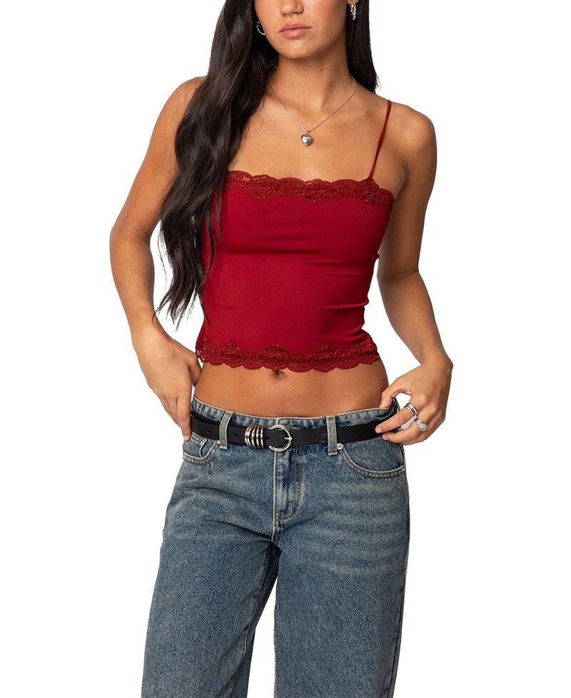 アディクテッド レディース トップス タンクトップ レーストリム レース Edikted Cruellace Trim Tank Top Burgundy バーガンディ