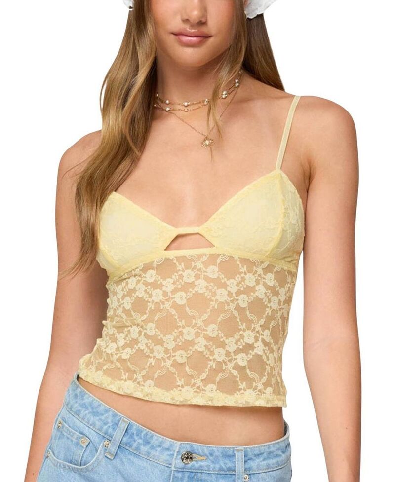アディクテッド レディース トップス タンクトップ カットアウト シアー レース Edikted Sheer Lace Cut Outank Top Yellow イエロー