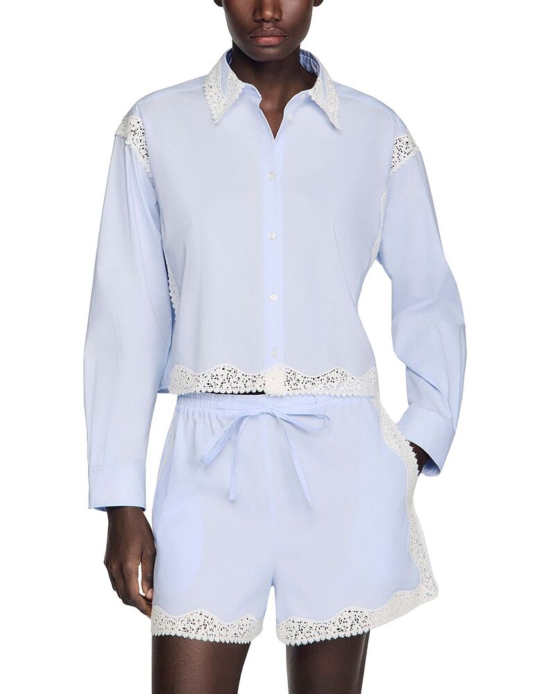 サンドロ レディース トップス シャツ レーストリム レース Sandro Gaia Lace Trim Shirt Sky Blue ブルー|ReVida 店
