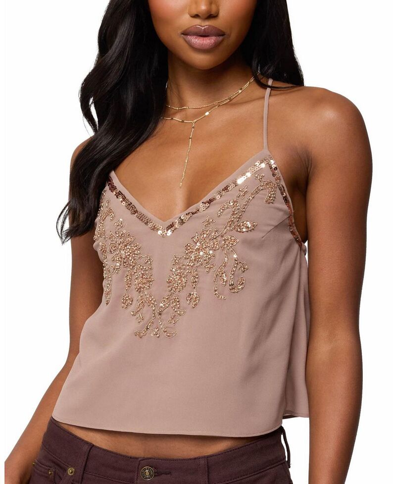 アディクテッド レディース トップス シャツ Vネック Edikted Sorina Embellished V Neck Top Taupe トープ