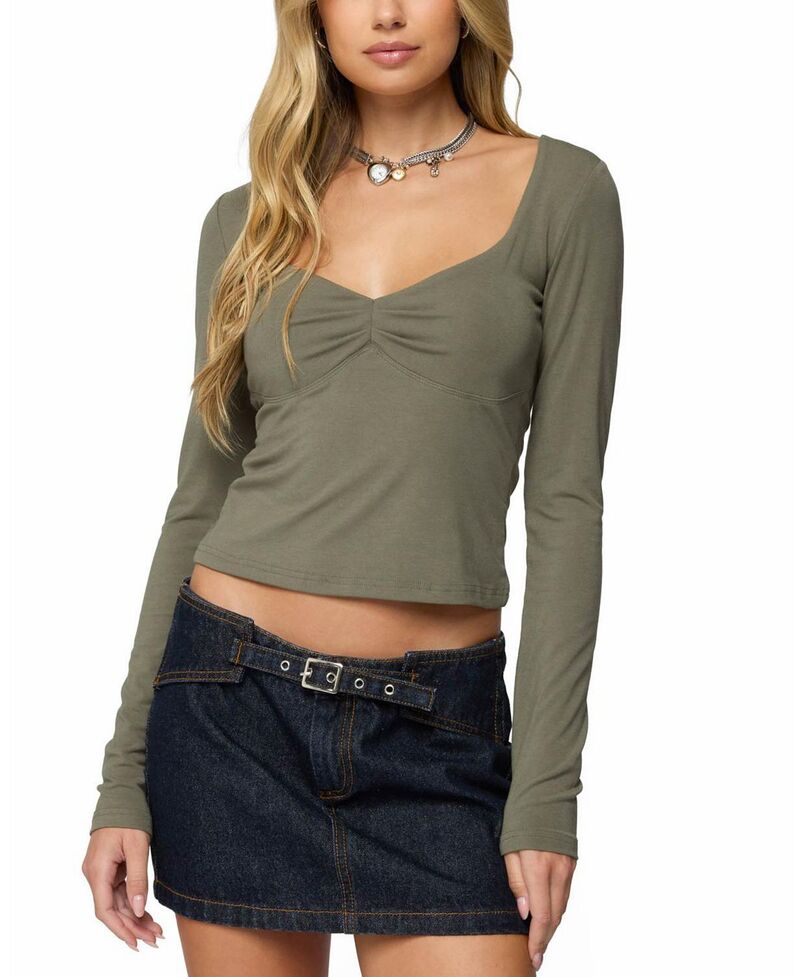 アディクテッド レディース トップス シャツ Edikted Zelly Deep V Scoop Neck Top Olive オリーブ