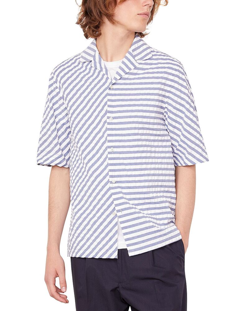 オフィシンジェネレール レディース トップス シャツ パッチワーク コットン Officine G?n?raleren Short Sleeve Cotton Striped Patchwork Shirt White/Indigo ホワイト|ReVida 店