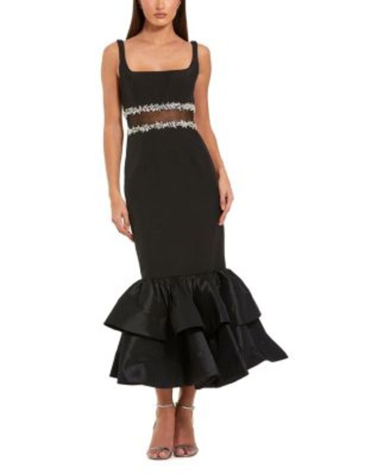 マックダガル レディース トップス 衣装 フラウンス裾 クレープチ フラウンス MIDI Mac Duggal Petite Crepe Midi Dress with Jewel Detail \u0026 Ruffle Hem Black 黒いこと